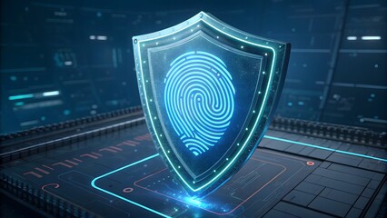 Shield with fingerprint scan for secure access and data protection, biometric identification system, digital security technology concept, 3d rendering