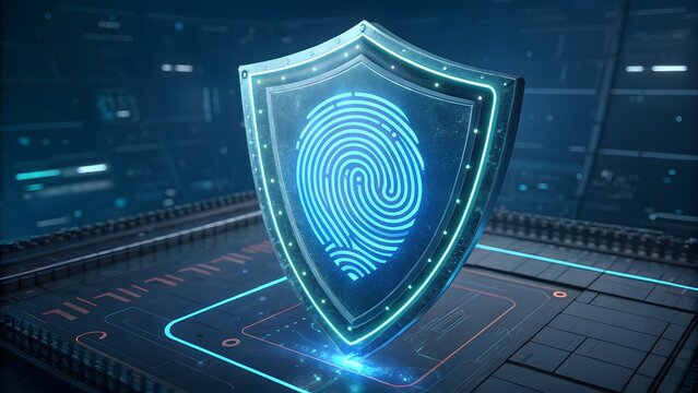 Shield with fingerprint scan for secure access and data protection, biometric identification system, digital security technology concept, 3d rendering - Powered by Adobe