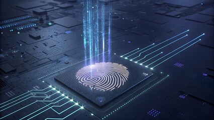 Futuristic fingerprint scanning technology on a microchip with glowing blue light, symbolizing biometric security and advanced identification systems