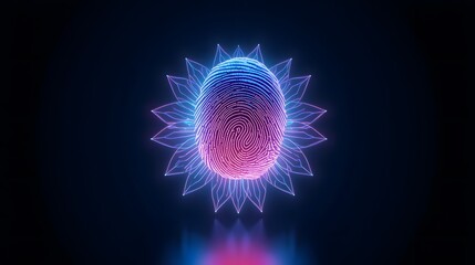 A radiant fingerprint design encircled by stylized petals, glowing in pink and blue hues against a dark background, creating a blend of technology and nature