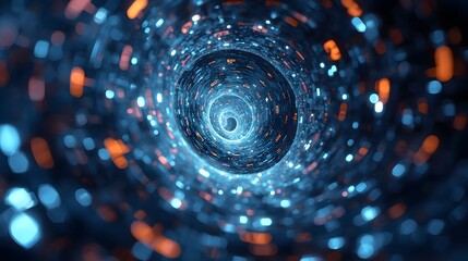 Abstract futuristic technology background with glowing blue and orange particles forming a tunnel, representing data flow and digital connectivity