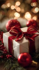 A neatly wrapped white gift box with a red ribbon sits among Christmas ornaments and greenery.