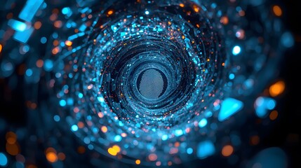 Abstract futuristic technology background with glowing blue and orange particles creating a swirling tunnel, symbolizing data streams and interconnected systems