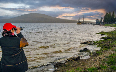 Whale pier on Lake Zyuratkul in the Chelyabinsk region on a spring day