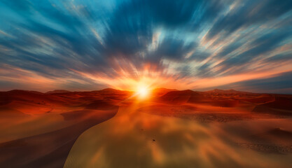 Beautiful sand dunes in the Sahara desert with full moon at sunset - Sahara, Morocco