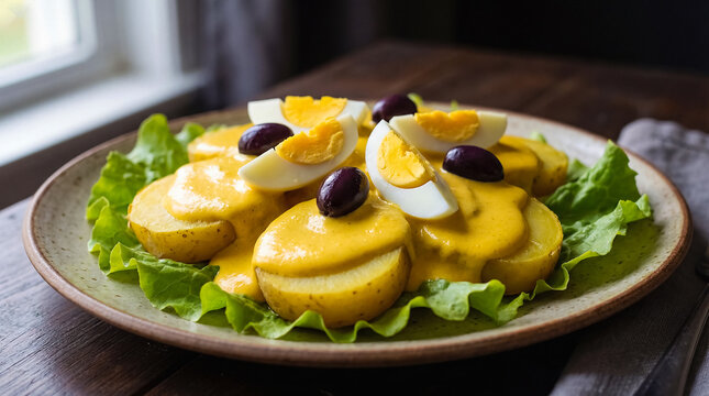 Papa a la huanca&iacute;na, a delicious Peruvian dish with boiled potatoes, egg, and olives. Traditional food