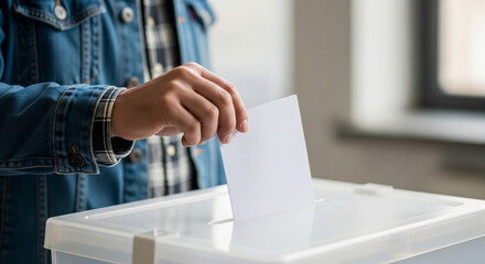 Person casting a ballot into a transparent box during an election, emphasizing civic duty and participation.