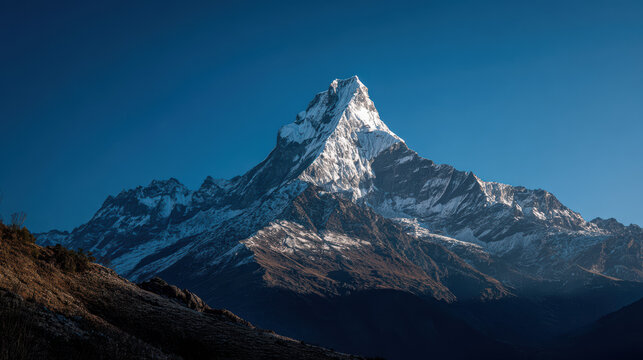 The majestic snow-capped mountain peak glistens under the bright blue sky, creating a breathtaking natural landscape for adventurers and nature lovers alike.