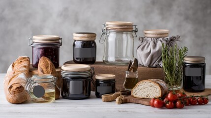Homemade jams and bread on kitchen table with jars for rustic food branding product photography composition artisan organic breakfast concept