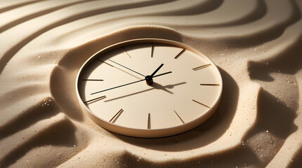 a clock with dial and needles lying on sand