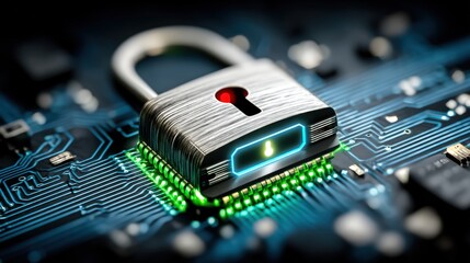 Cybersecurity measures digital lock on circuit board technology macro photography futuristic environment close-up view data protection concept