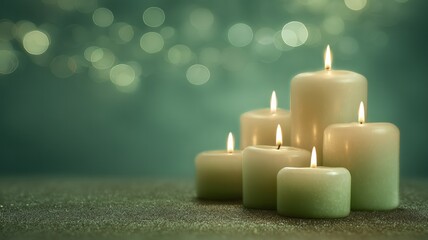 Few lit candles with soft bokeh background. AI image