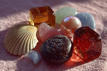 Colorful gemstones and a seashell lie together on a soft pink fabric.