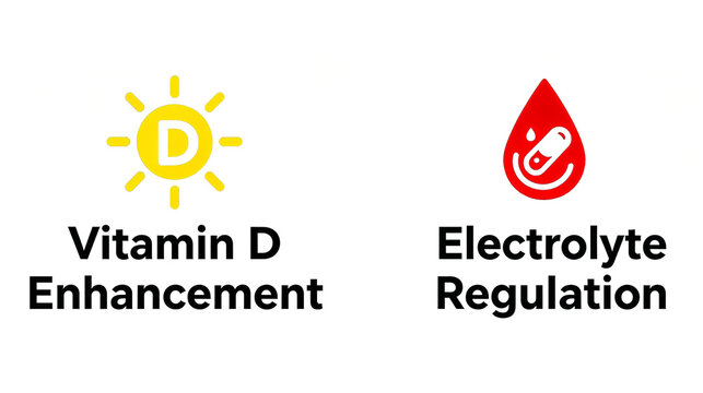 Vitamin D electrolytic element, representing the health concept of supplementing vitamin D and regulating electrolytes, is suitable for nutritional supplement materials.
