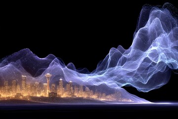 A glowing city skyline is enveloped by flowing, translucent waves of light against a dark background.