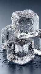 Three transparent ice cubes glisten with water droplets on a reflective surface.