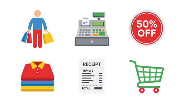E commerce and Shopping Icons Customer Cash Register Discount Clothes Receipt Cart for Retail and Online Business