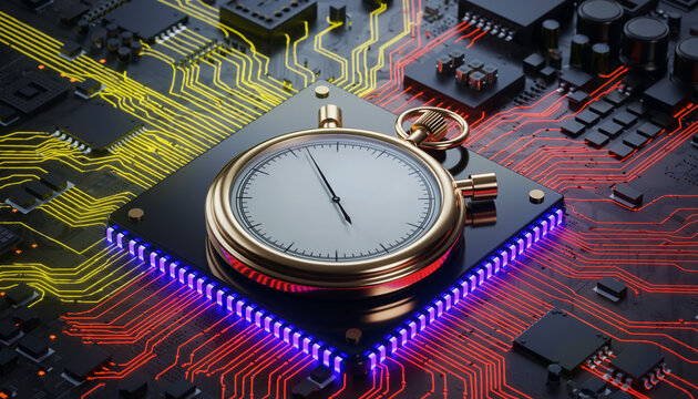 Stopwatch on a computer chip, representing time and technology, A gold stopwatch sits atop a circuit board, symbolizing speed, efficiency, and technological advancement - Powered by Adobe