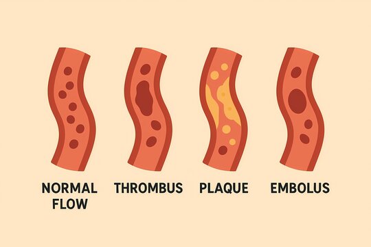 Flat science infographic comparing normal blood flow, thrombus, plaque buildup, and embolus inside curved arteries. Clear visual for explaining vascular conditions and circulation changes.