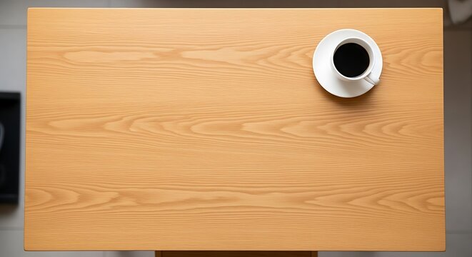 Overhead shot of coffee cup on wooden table.
