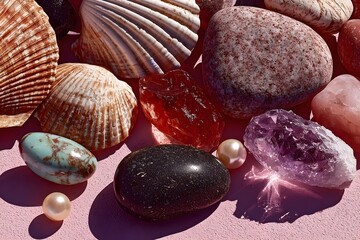 Colorful seashells, polished stones, crystals, and pearls lie arranged together on a pink surface.