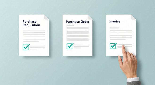 Hand pointing to an invoice document as part of a procurement process with purchase requisition and order forms.