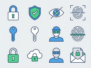 Collection of essential vector icons illustrating digital security, data protection, and online privacy concepts for safeguarding information and systems