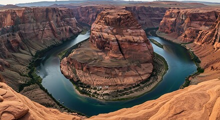 Stunning aerial view of a natural horseshoe bend, sculpted by a flowing river through a canyon