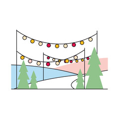 Festive outdoor scene with colorful lights and evergreen trees  