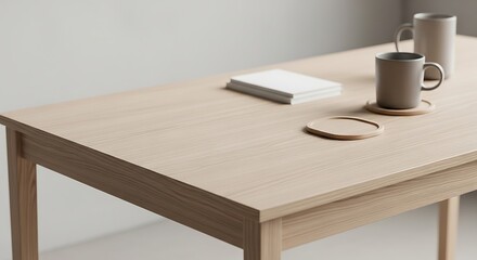 Minimalist wooden table setting with mugs and notebook.