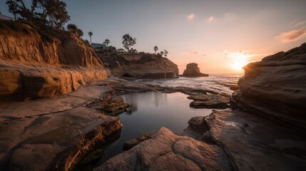 Golden Sunset Over a Serene Coastal Landscape with Reflecting Pools and Rocky Shores