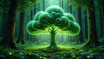 Enchanted glowing tree radiates light in mystical forest