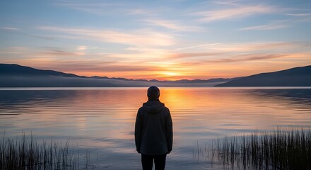 Person gazing at a serene sunset over a misty lake with distant mountains
