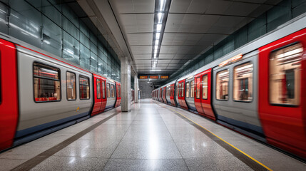 Modern station with two trains in motion blurred on either side of the platform showing depth and symmetry with tiled walls and floor on a journey.