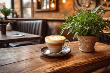 A table in a cafe, a latte with a pretty picture on the table and a phone next to it