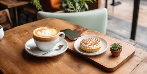 A table in a cafe, a latte with a pretty picture on the table and a phone next to it