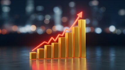 Golden bar chart with red arrow showing upward trend