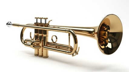 Obraz premium Shiny golden brass trumpet isolated on white background with shadow