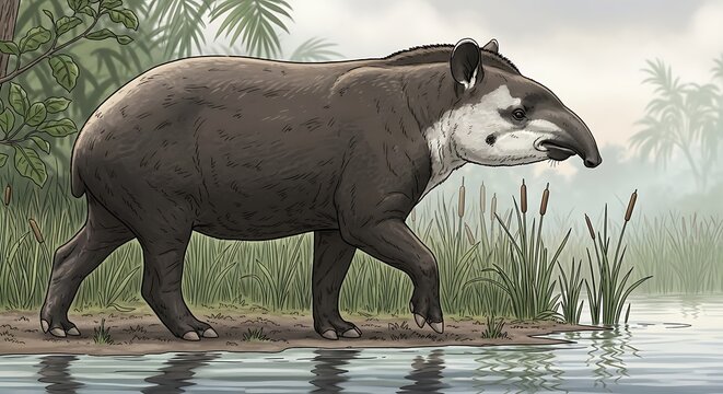 Lowland Tapir by the Waters Edge in a Lush Environment.