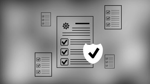 Businessman checking steps through document with a list of checkboxes ,regulation ,practices and policies ,Terms and conditions ,Examination of ethical rules ,Evaluate quality and efficiency