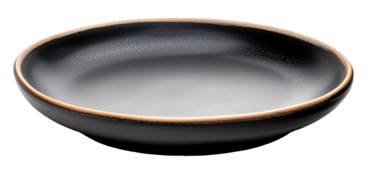 This artwork features a black ceramic plate with a brushed gold rim, cut out and set on a transparent background. Ideal for product design or culinary displays, enhancing any context
