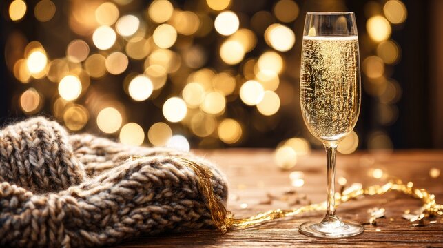 dcf. A champagne flute with golden bubbles on a wooden table beside a cozy blanket and festive confetti. bar promotions, beverage menus, designed for food & beverage menus and cafe branding.
