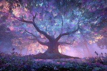 Mystical ancient tree draped in shimmering pastel fabrics in enchanted forest