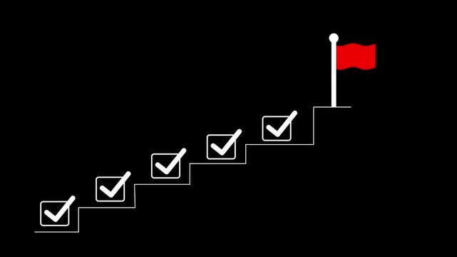 Business success and goal achievement steps. Businessman drawing checkmarks on virtual staircase steps toward achieving goals, ending with red flag as success marker. Planning, progress, goal setting