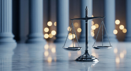 Symbol of justice and fairness, scales of justice stand on polished floor with blurred columns and bokeh lights.