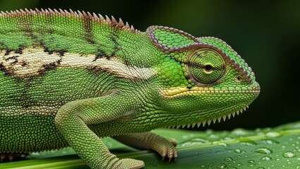 Obraz premium Close-up of a green chameleon with detailed scales and eyes on a wet leaf.