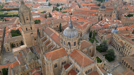 An Aerial panorama view of the old town around the city of Salamanca in west Spain on a cloudy noon in summer