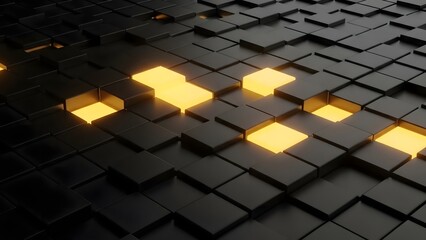Futuristic Black Cube Pattern with Glowing Yellow Lights Abstract Digital Design