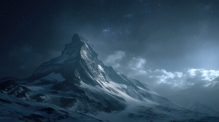 Majestic snow covered mountain peak illuminated by moonlight under a starlit sky creates a serene and breathtaking winter landscape in the remote wilderness.