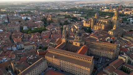 An Aerial panoramic view above the old town in the city Salamanca in west Spain on a sunny early morning in summer